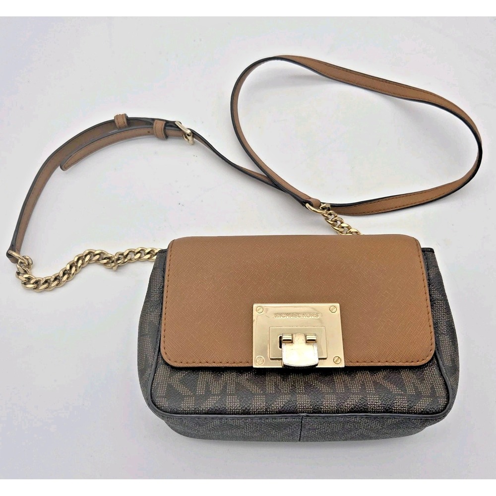 Michael Kors Small Clutch Crossbody Shoulder Bag Handbag Tina Gold Brown Leather